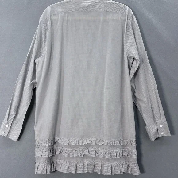Pure DKNY Tunic Top Large Gray White Gingham Ruffle Hem Roll‎ Tab Sleeves Preppy - Picture 6 of 12